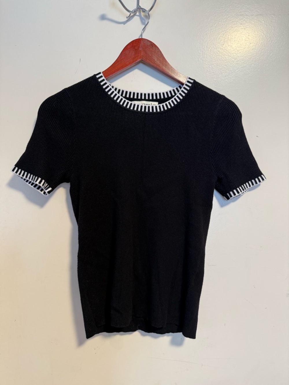 Black Short-Sleeve Ribbed Top with Contrast Trim